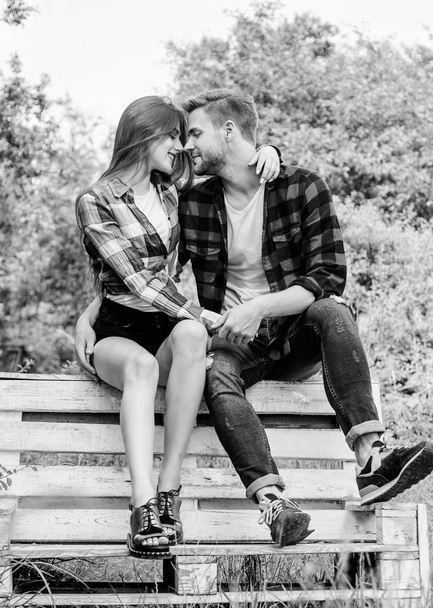 Youth hang out. Boyfriend and girlfriend in love. Love and romance concept. Family weekend. Romantic date in park. Couple in love sit on bench. Summer vacation. Enjoying nice weekend together - Fotoğraf, Görsel