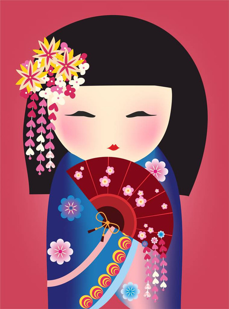  σύνθεση με ένα ιαπωνικό κορίτσι που φοράει ένα παραδοσιακό ιαπωνικό φόρεμα - Διάνυσμα, εικόνα