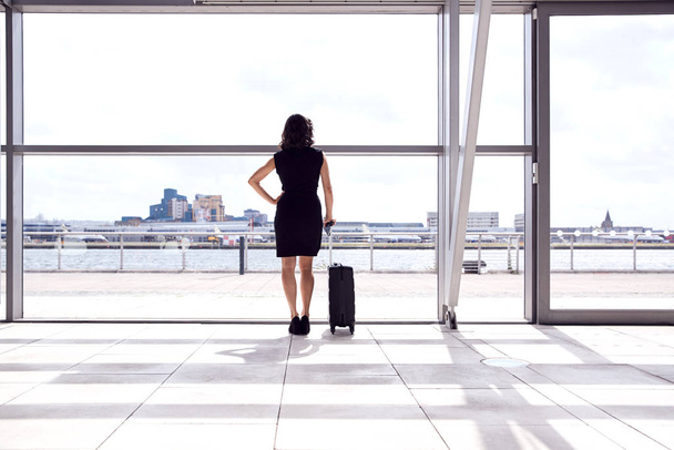 Rear View Of Businesswoman With Luggage Standing By Window In Airport Departure Lounge - Zdjęcie, obraz