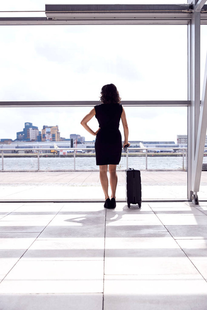 İş kadınının arkadan görünüşü. Bavul, havalimanı kalkış salonunda pencerenin yanında duruyor. - Fotoğraf, Görsel