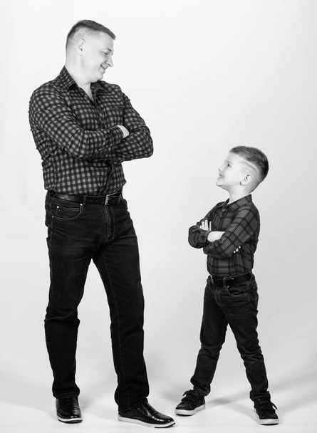 Best friends forever. Happiness being father of boy. Dad and adorable child. Parenthood concept. Fathers day. Father example of noble human. Cool guys. Father little son red shirts family look outfit - Фото, изображение