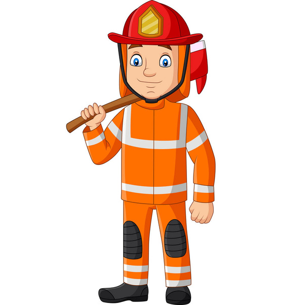 Ilustración vectorial del bombero de dibujos animados sosteniendo un hacha
 - Vector, imagen