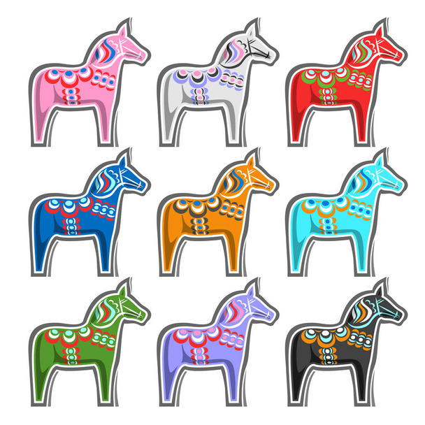 Set vettoriale di cavalli di legno svedesi, simbolo tradizionale della Svezia - Dalecarlian horse o Dala horse, raccolta di 9 giocattoli per bambini svedesi ritagliati su sfondo bianco
. - Vettoriali, immagini