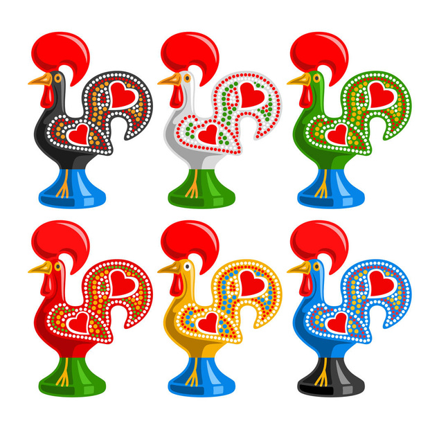 Векторний набір португальських новачків, традиційний символ Португалії - rooster galo de barcelos, колекція з 6 вирізьблених дитячих іграшок на білому тлі.. - Вектор, зображення