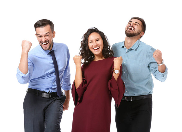 Portrait of happy young business people on white background - Photo, Image