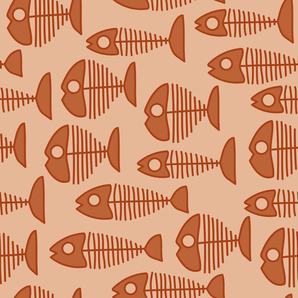 Vector seamless fish pattern in orange. Simple abstract doodle fish skeleton made into repeat. Great for background, wallpaper, wrapping paper, packaging, fashion. - Wektor, obraz