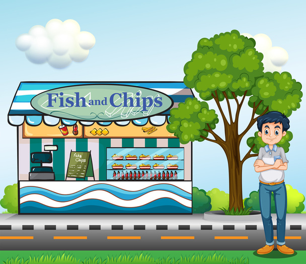 Un uomo vicino al negozio di fish and chips
 - Vettoriali, immagini