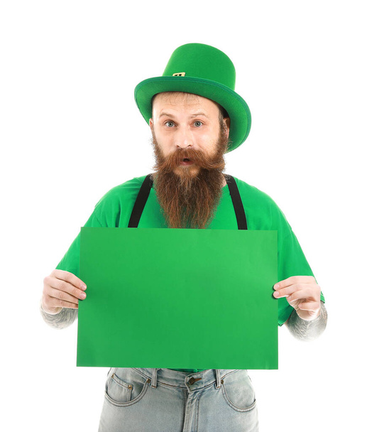 Bearded man with blank poster on white background. St. Patrick's Day celebration - Фото, изображение