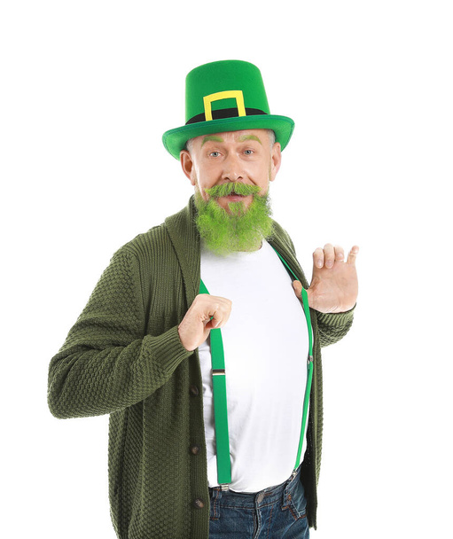 Funny mature man on white background. St. Patrick's Day celebration - Foto, immagini