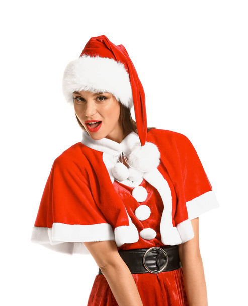 Mulher bonita em Santa traje no fundo branco
 - Foto, Imagem