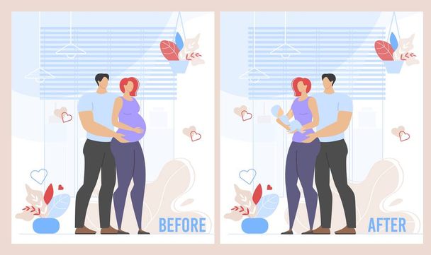 Before Childbirth and After Pregnancy Cartoon Set - Vector, Image