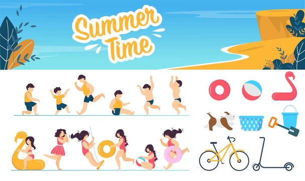 Summer Time Marine Set with Children Characters - Vector, Image