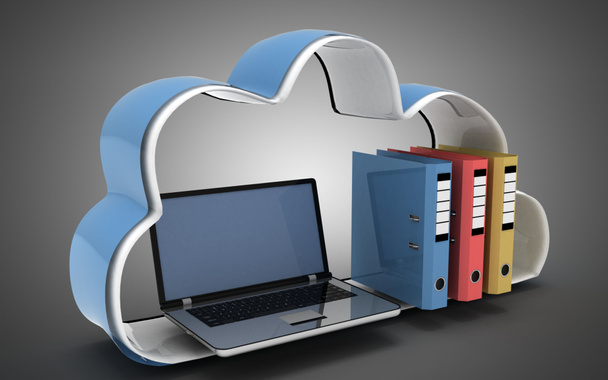 3D-s laptop felhő és mappák. 3d illusztráció - Fotó, kép