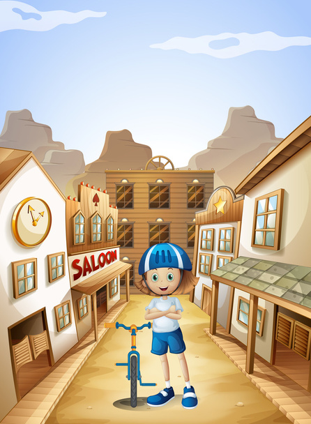A young girl with a bicycle standing in the middle of the saloon - Vector, afbeelding