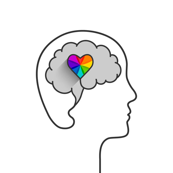 Conceito de silhueta de cabeça e cérebro humano com coração colorido
 - Vetor, Imagem