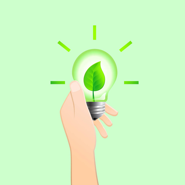 Hand holding light bulb with leaf inside as green energy concept. Vector illustration. - Vector, Image