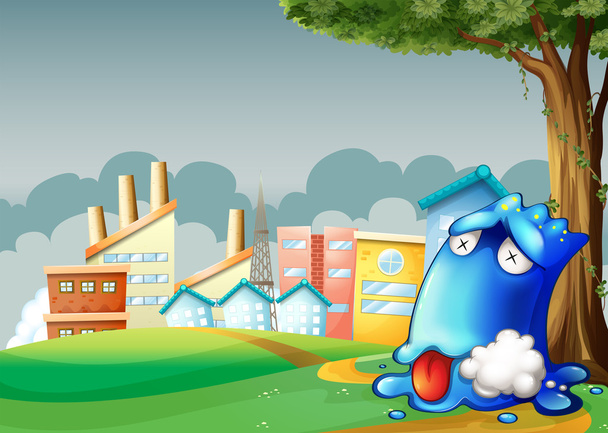 A poisoned blue monster resting under the tree across the buildi - Vector, Image