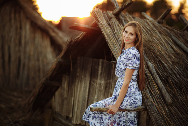 beautiful Young woman outdoors portrait. Portrait of a beautiful girl against a tree house. - Fotoğraf, Görsel