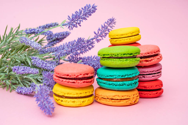 french macaron cakes composition with lavender flowers - Photo, image