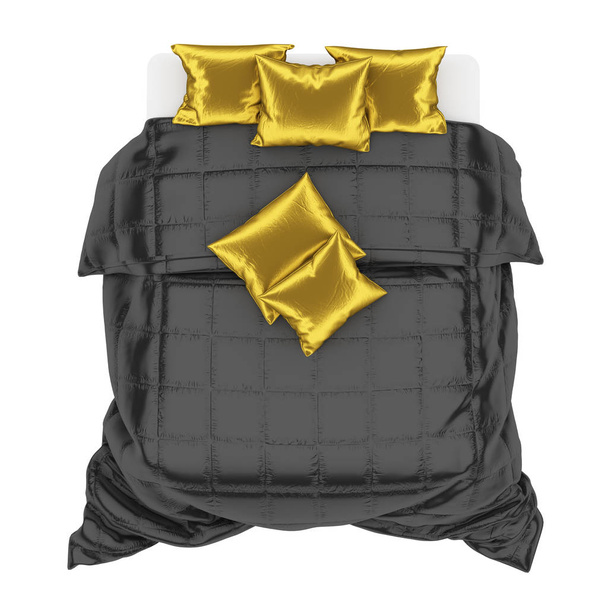 Bed with white sheet, black blanket and gold pillows on a white background top view. 3d rendering - Photo, Image