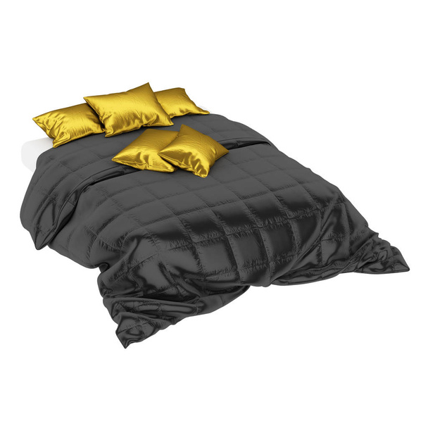 白い背景に白いシート、ブラックブランケットと金の枕でベッド。3Dレンダリング - 写真・画像
