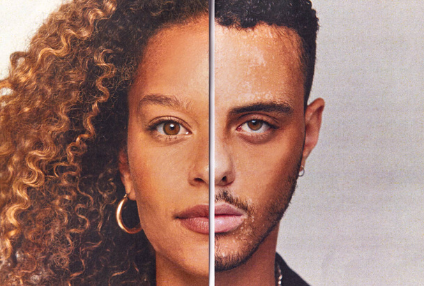 Gender Identity Concept With Composite Image Made From Halved Male And Female Facial Features - 写真・画像