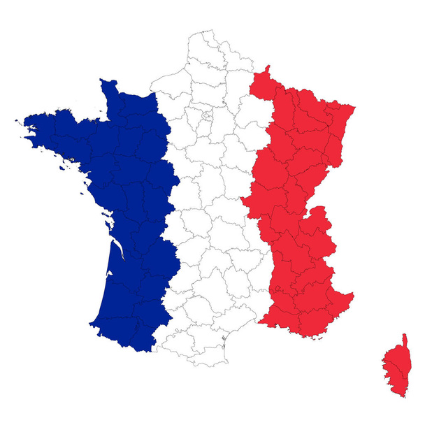 Διάνυσμα χάρτη των διοικητικών περιφερειών της Γαλλίας σε χρώματα της γαλλικής εθνικής σημαίας σε λευκό φόντο - Διάνυσμα, εικόνα