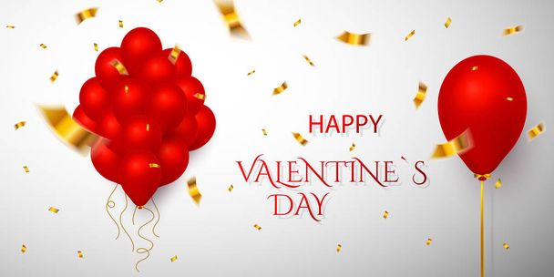 Happy Valentines Day. Red balloon on white background with shadow and confetti. Festival decoration. Vector illustration - Vector, Image