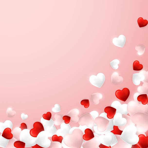 Happy Valentines Day background, flying red, pink and white hearts. Vector illustration - Vektor, Bild