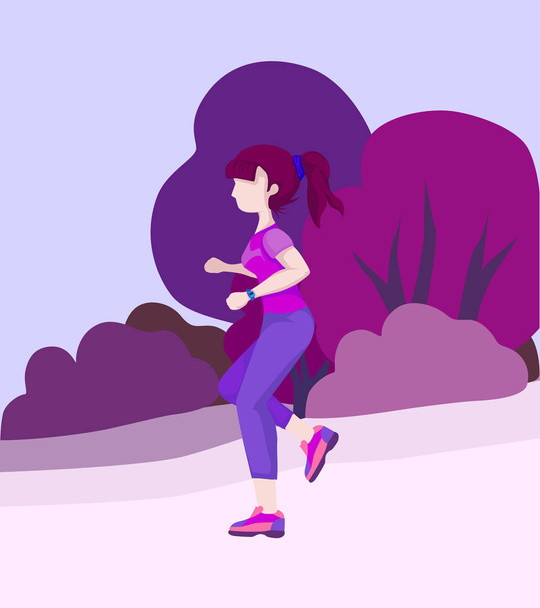 meisje running park bos joggen sport vrouw vector plat ontwerp warm up - Vector, afbeelding