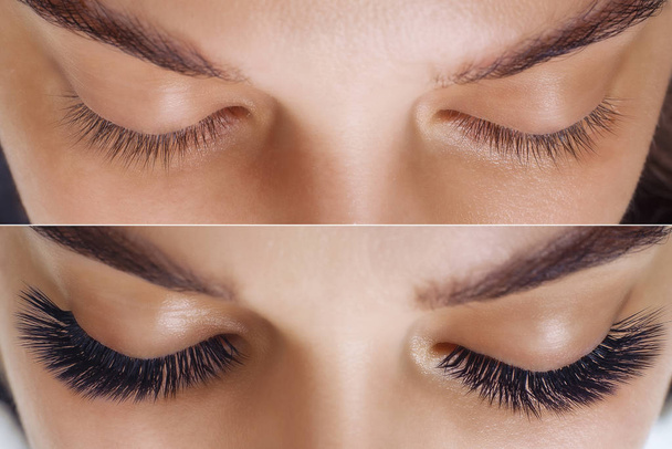 Szempilla hosszabbítás. A női szemek összehasonlítása a kezelés előtt és után. - Fotó, kép