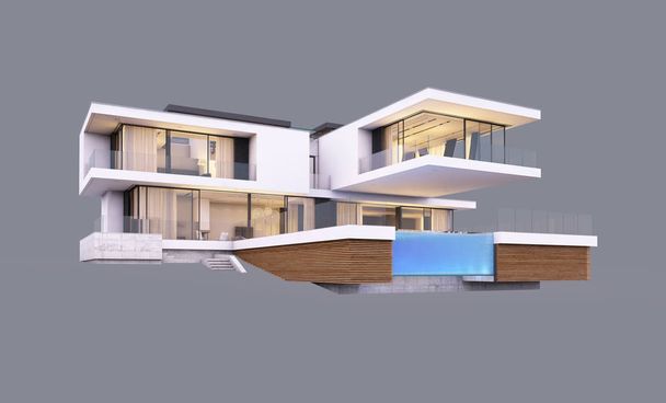 3D-Rendering von modernen Haus am Fluss am Abend isoliert auf - Foto, Bild