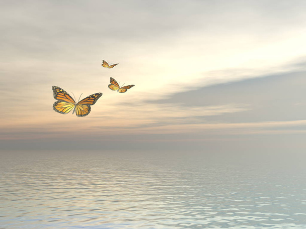 Drie monarchvlinders vliegen op de oceaan - 3d renderen - Foto, afbeelding