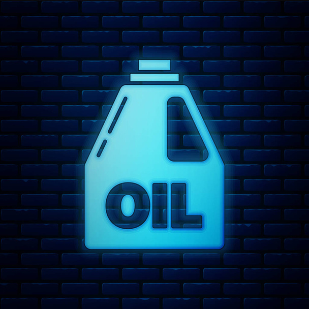 Glowing neon Plastic canister for motor machine oil icon isolated on brick wall background. Oil gallon. Oil change service and repair. Vector Illustration - ベクター画像