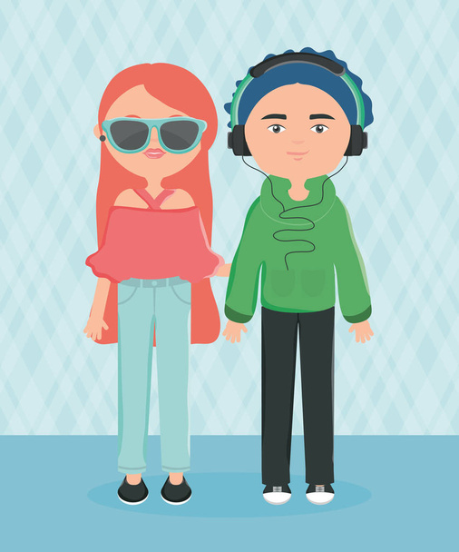 jeune couple avec lunettes de soleil et casque d "écoute style urbain - Vecteur, image