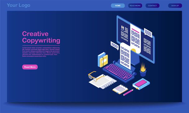 Creative copywriting landing page vector template. Content writing website interface idea with flat illustrations. Digital marketing tool, blogging homepage layout. Web banner, webpage cartoon concept - Vector, imagen