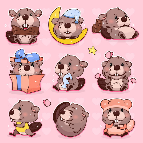Cute beaver kawaii cartoon vector character set. Adorable, happy and funny animal mascot isolated stickers, patches pack, kids illustration. Anime baby girl beaver emoji, emoticon on pink background - Vektor, Bild