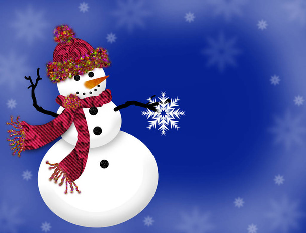 Šťastná sněhová dáma v zimním oblečení včetně pleteného klobouku a šály izolované na modrém pozadí s jemnými sněhovými vločkami.   - Fotografie, Obrázek