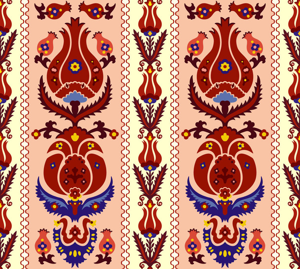 Бесшовные этнические среднеазиатский, узбекский, турецкий, персидский и арабский исламистские векторные украшения дамаска векторный рисунок, дамаска украшены в стиле бохо винтажные украшения в темно-красный, синий и светло-оранжевый цвета для обычаев
 - Вектор,изображение