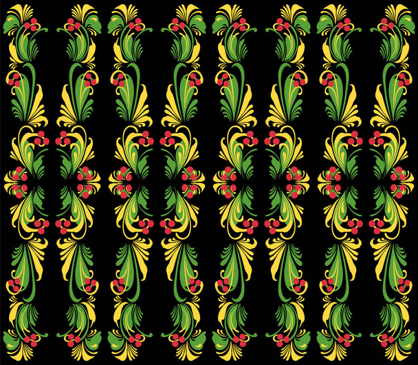 Бесшовный векторный узор с цветочным орнаментом в стиле бохо, восточноевропейский винтажный декор в черном, красном и зеленом, желтые цвета для печати и дизайна на заказ
 - Вектор,изображение