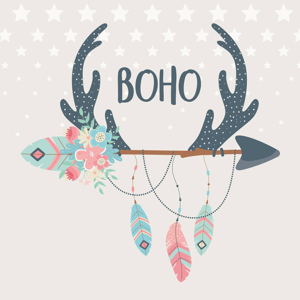 deer horns with flowers ,feathers and arrows boho style - Vetor, Imagem