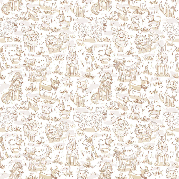 Χαριτωμένα σκυλιά μοτίβο. Απρόσκοπτη διανυσματική απεικόνιση με μπουλντόγκ, bobtail, dachshund, bullterier, doberman, Spitz, chihuahua - Διάνυσμα, εικόνα