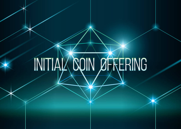 ICO vector illustration with glowing background. Initial coin offering in 3D hexahedron with glow. Futuristic and mystery vector illustration. IT startup crowdfunding. - Vector, Image