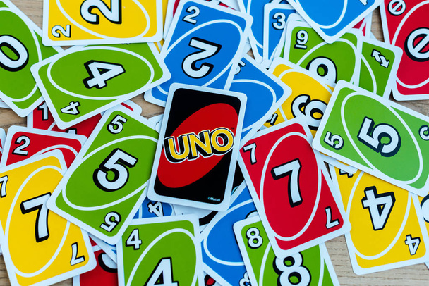 KYIV, UKRAINE - NOVEMBER 22, 2019: top view of playing card with uno letters - 写真・画像