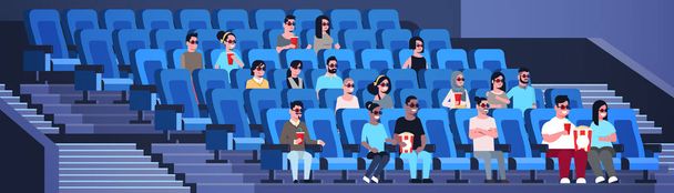 ομάδα ανθρώπων φορώντας 3d γυαλιά βλέποντας ταινία κάθεται στον κινηματογράφο με ποπ κορν και κόλα μείγμα αγώνα ανδρών γυναίκες που διασκεδάζουν γελώντας με νέα κωμωδία επίπεδη πλήρους μήκους οριζόντια - Διάνυσμα, εικόνα