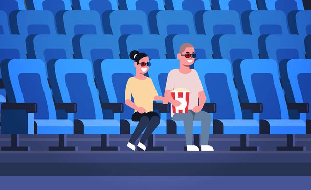 ζευγάρι φορώντας 3d γυαλιά βλέποντας ταινία κάθεται στον κινηματογράφο με ποπ κορν και κόλα γυναίκα άνθρωπος που έχουν ημερομηνία και γέλιο σε νέα κωμωδία επίπεδη πλήρους μήκους οριζόντια - Διάνυσμα, εικόνα