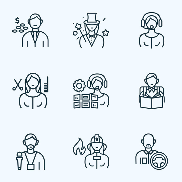 Job icons line style set with driver, illusionist, operator woman and other steering elements. Isolated illustration job icons. - Photo, Image