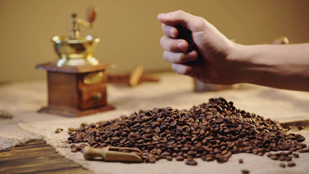 cropped view of man sipping coffee beans  - Séquence, vidéo