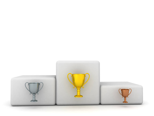 Representación 3D de podio con trofeos de bronce, plata y oro bel
 - Foto, imagen