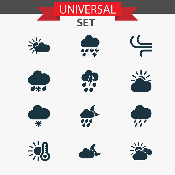 Climate icons set with sunset, light snow shower, temperature and other moonlight elements. Isolated illustration climate icons. - Photo, Image